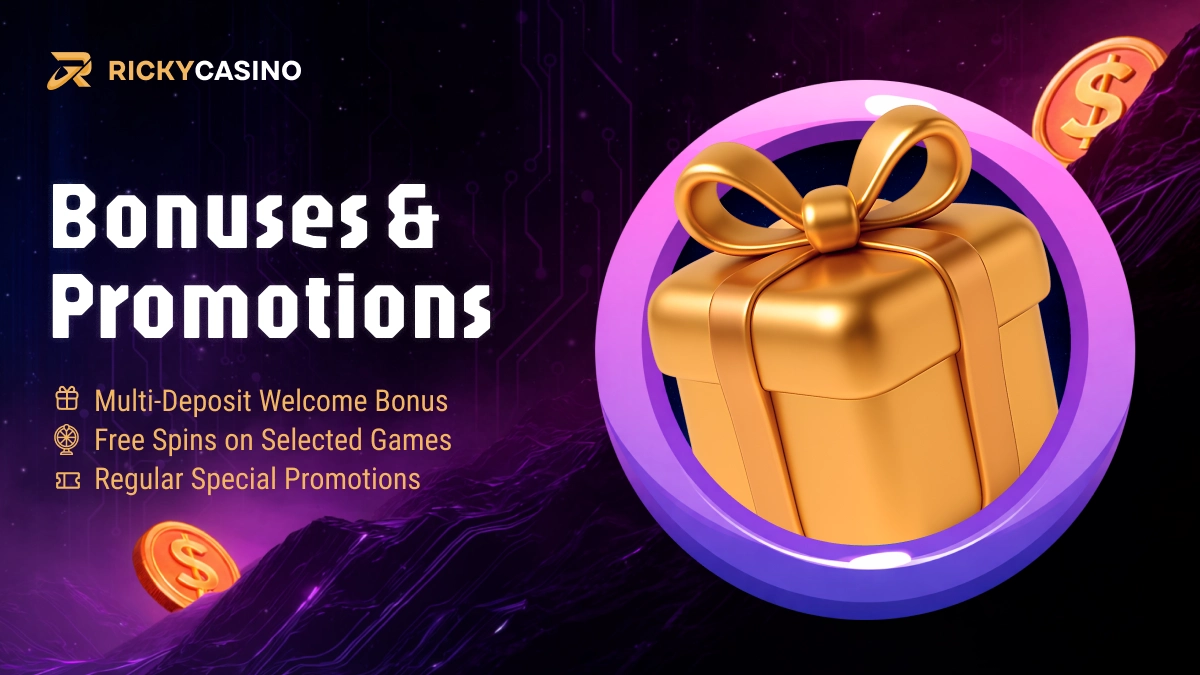 Golden gift box icon representing Ricky Casino bonuses and promotions