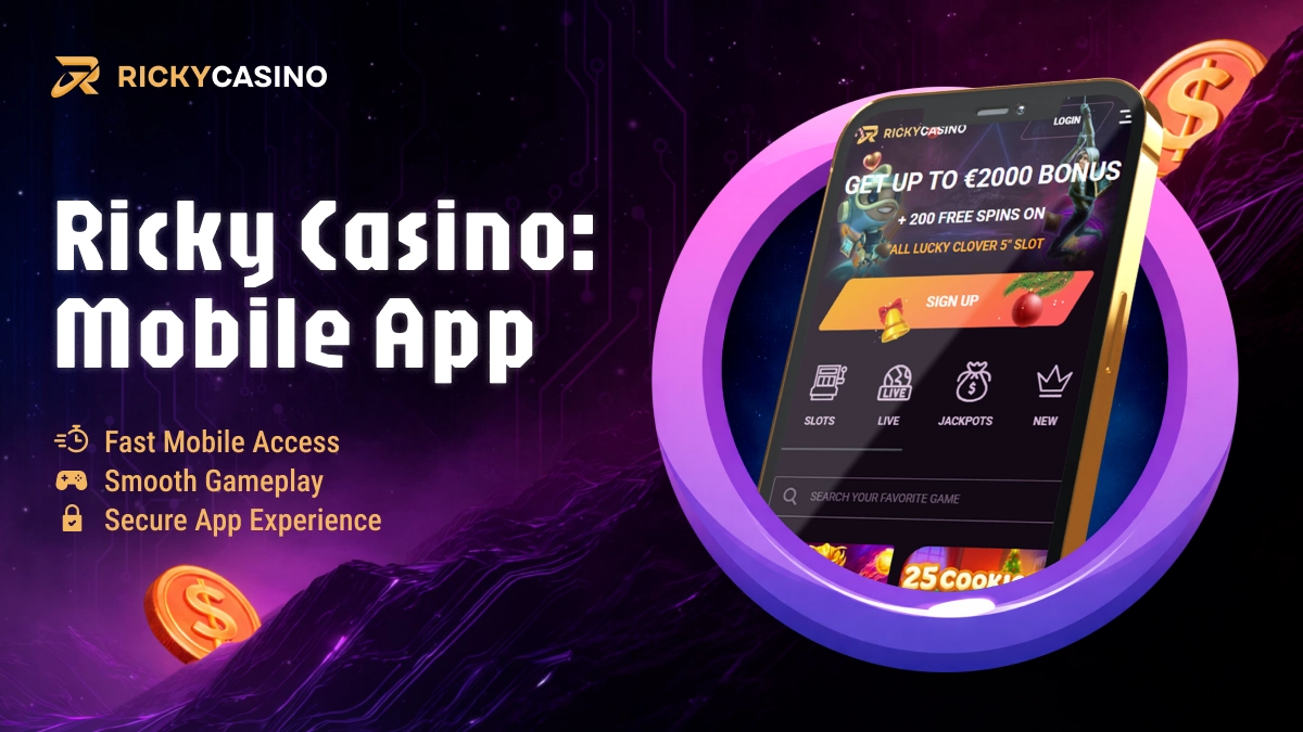 Smartphone displaying Ricky Casino mobile app interface on dark background