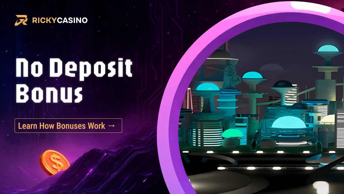 Neon night city scene illustrating Ricky Casino no deposit bonus