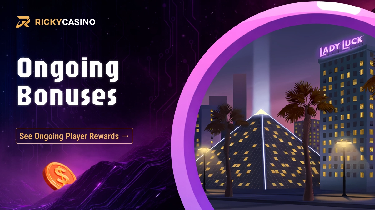 Stylized night city skyline representing ongoing bonuses at Ricky Casino