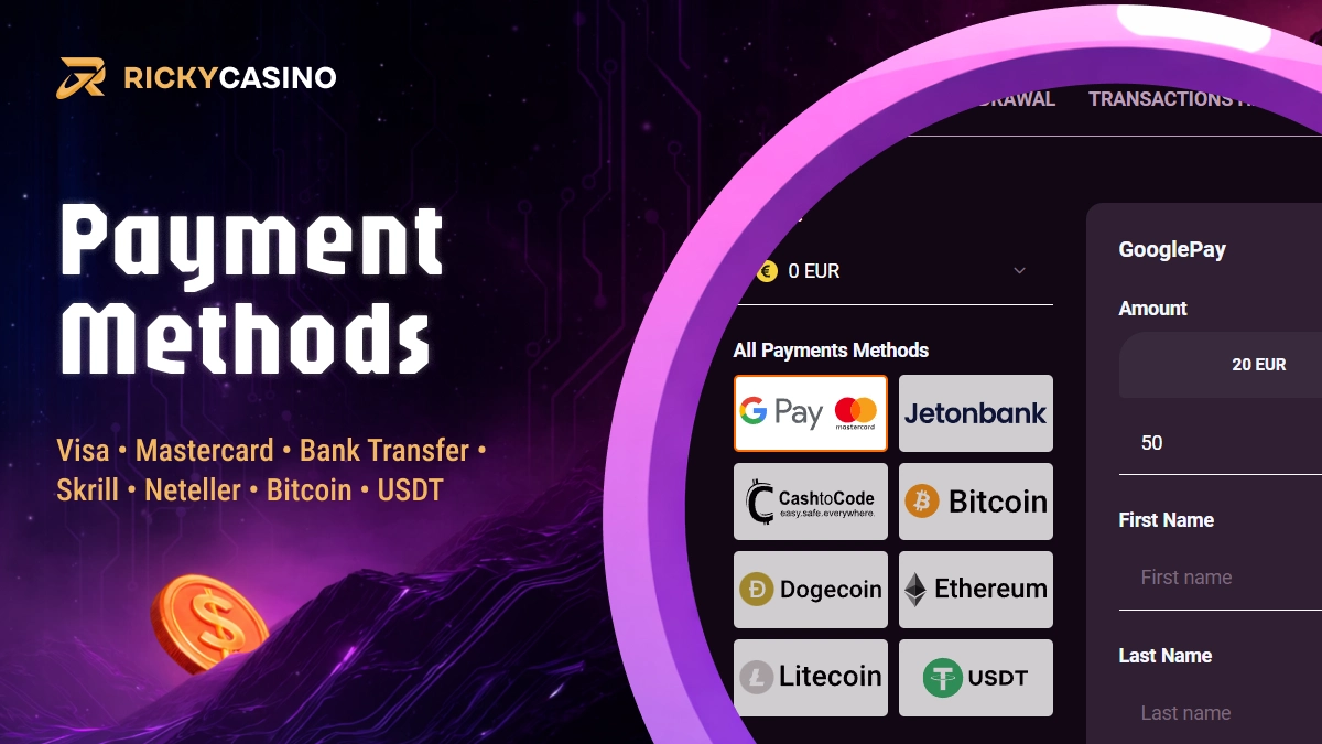 Ricky Casino payment methods screen showing cards, e-wallets and crypto
