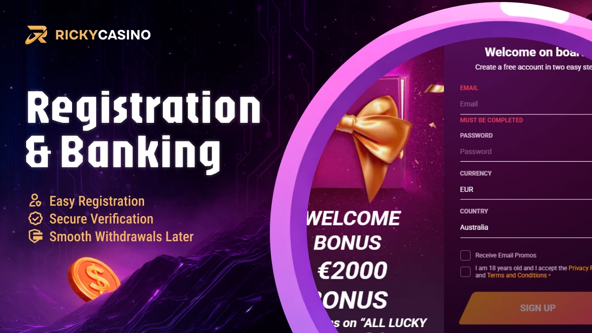 Ricky Casino registration screen with welcome bonus banner and sign up form