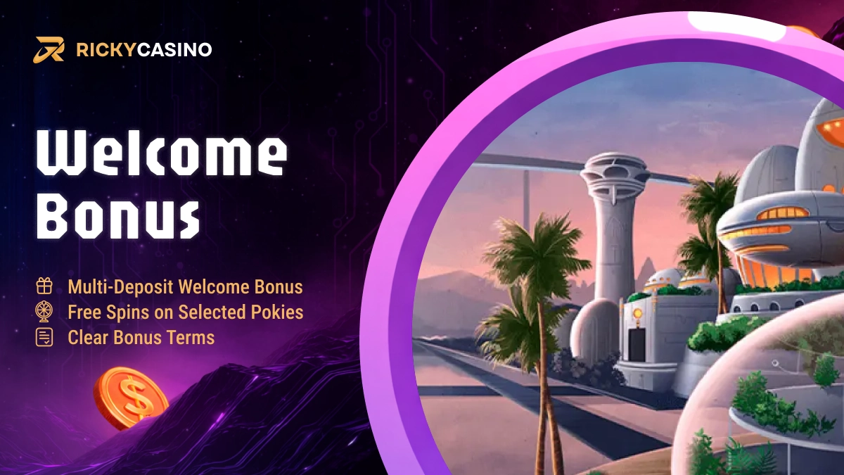 Futuristic city illustration used for Ricky Casino welcome bonus section