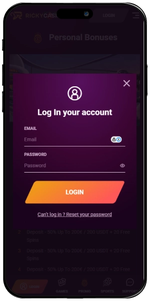 Ricky Casino Login page screen