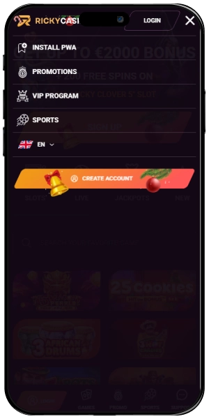 Ricky Casino Menu page screen