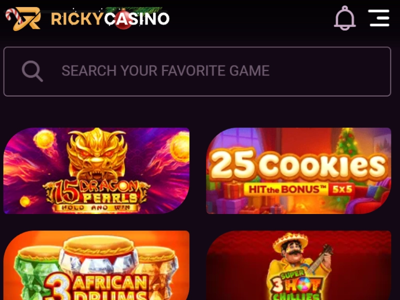 Ricky Casino mobile app lobby with games and bonuses on Android