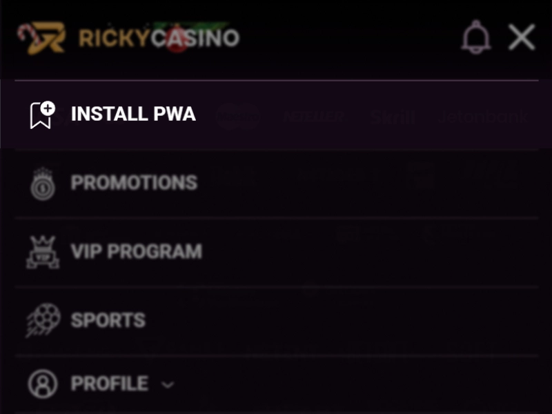 Ricky Casino live chat used to request PWA installation link