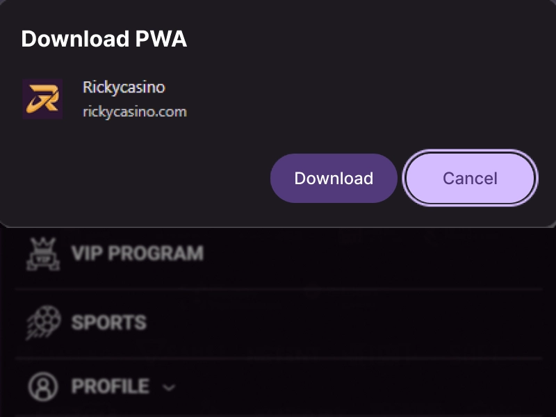 Ricky Casino PWA download prompt on Android with install button