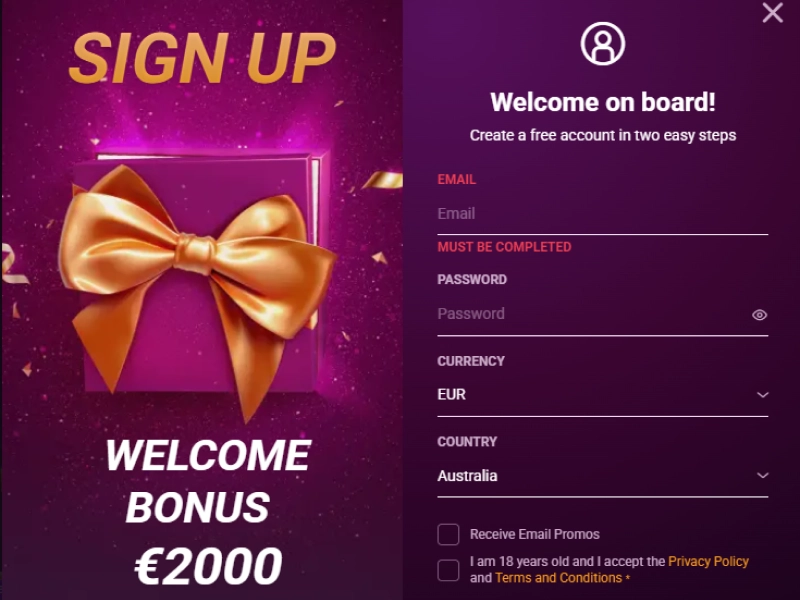 Ricky Casino sign up screen promoting welcome bonus for Australian players