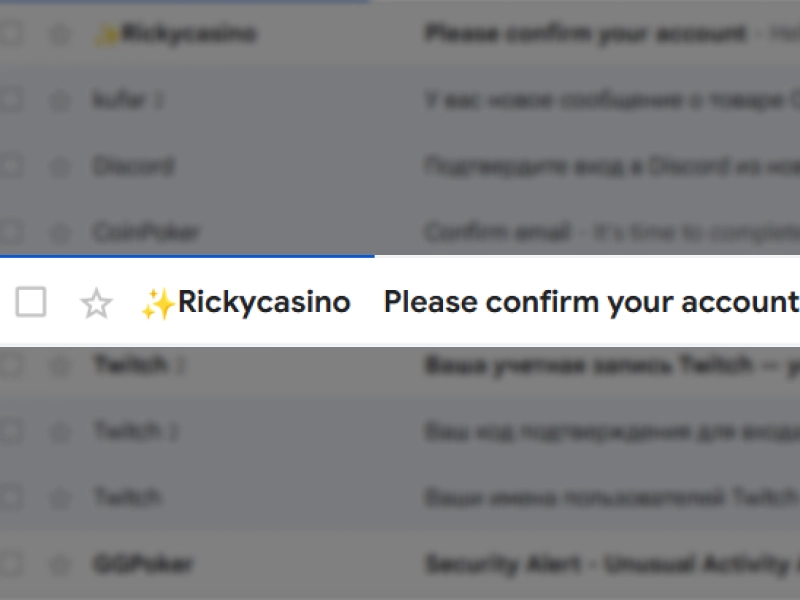 Ricky Casino email verification request to confirm new account