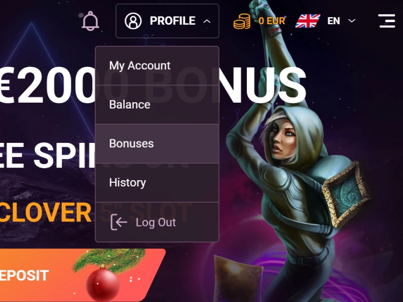 Ricky Casino user profile menu with access to bonuses and account settings