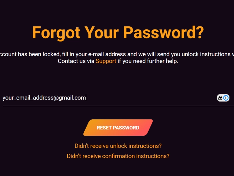 Ricky Casino password reset page with email or phone input field