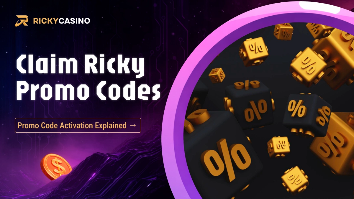 Floating percentage symbols showing Ricky Casino promo code activation process