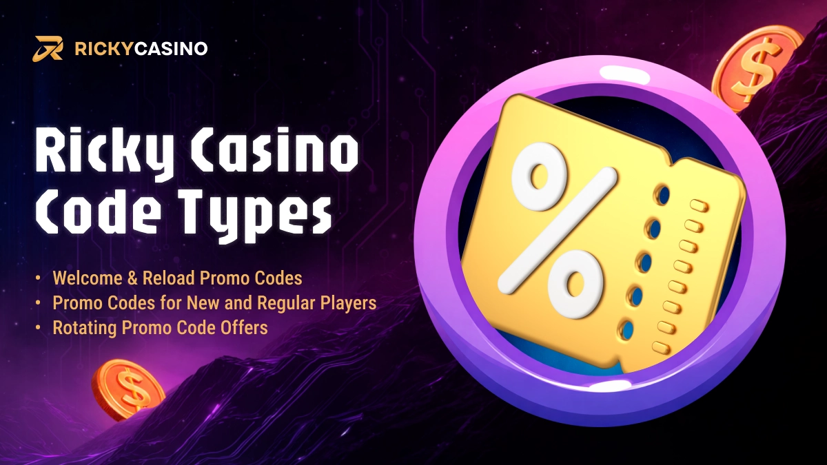 Percentage icon and coupon symbols illustrating Ricky Casino promo code types