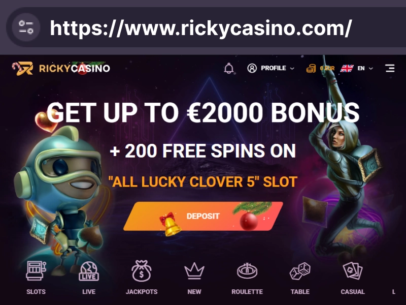 Official Ricky Casino website homepage opened in browser for safe registration