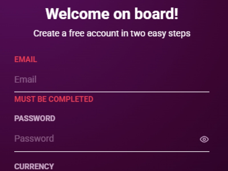 Ricky Casino registration form with email and password fields