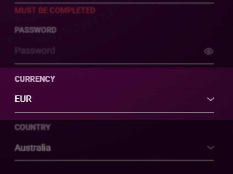 Ricky Casino registration screen with currency selection including AUD