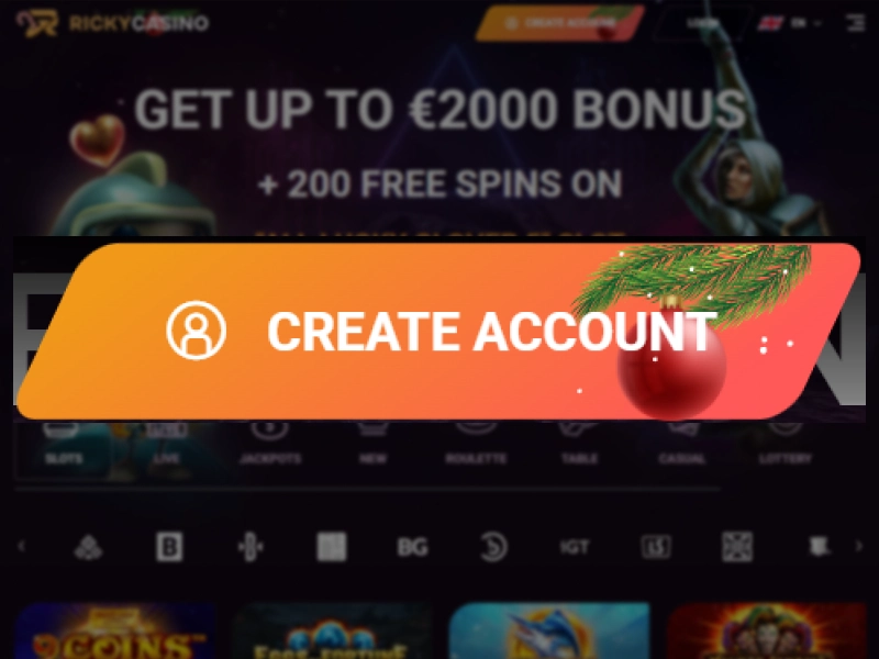 Ricky Casino homepage with Create Account button for new players in Australia