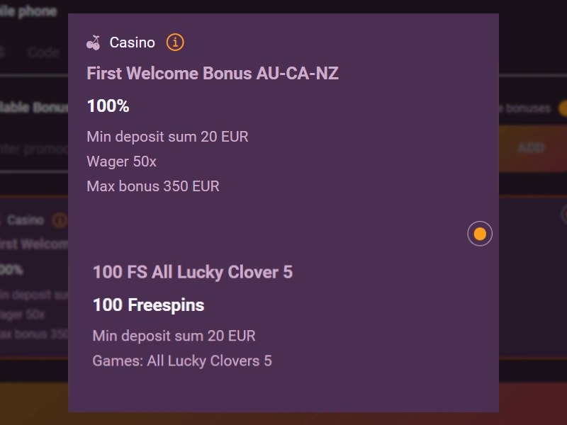Ricky Casino welcome bonus details showing first deposit bonus terms