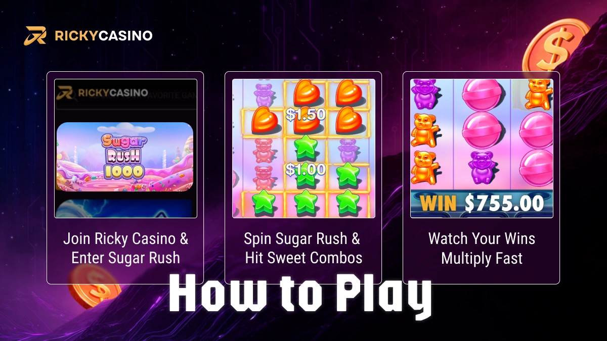 Three cards showing Sugar Rush gameplay steps with spins, wins and How to Play text on Ricky Casino screen