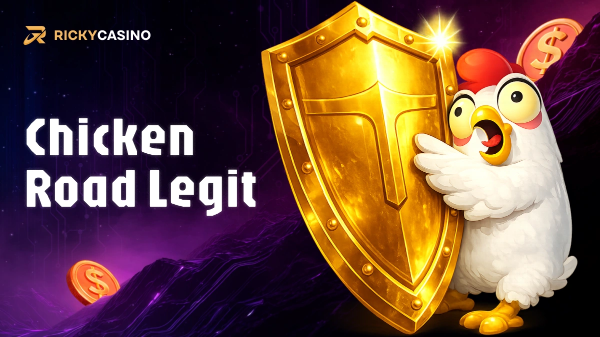 Cartoon chicken hugging a large golden shield with Chicken Road Legit text on purple casino themed background