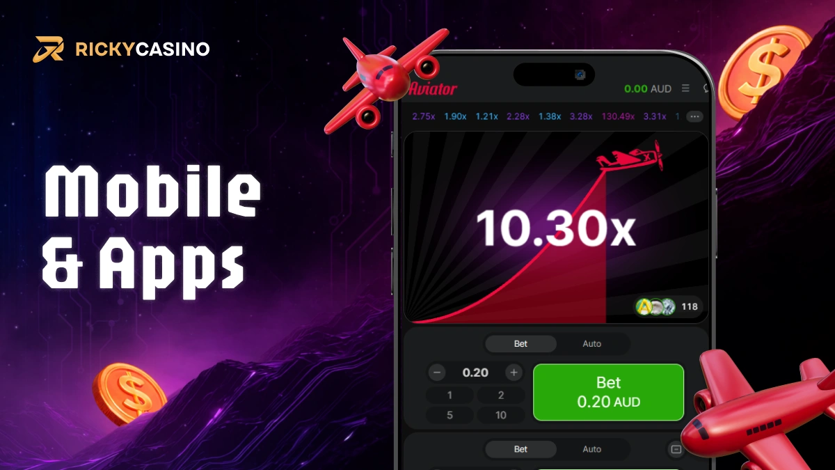 Smartphone displaying multiplier 10.30x with Mobile & Apps text, airplane icons and purple casino style background