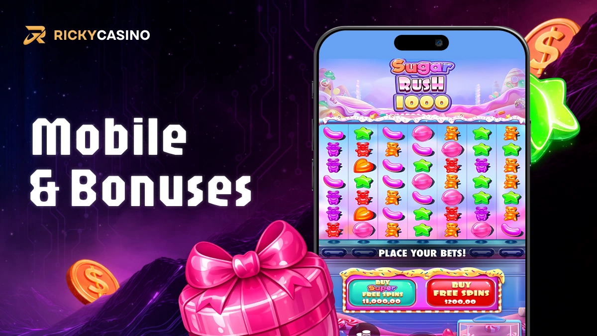 Mobile screen showing Sugar Rush slot with candy icons and Mobile & Bonuses text on purple background