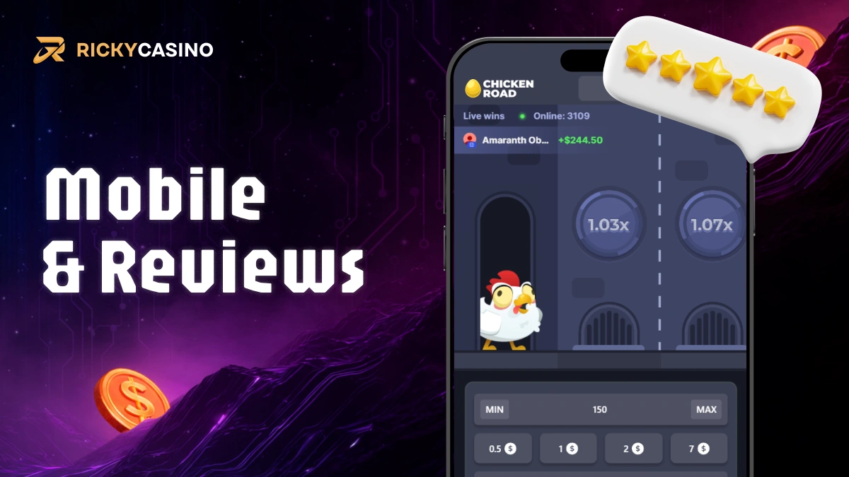Mobile screen with Chicken Road interface, star rating icons and Mobile & Reviews text on purple background