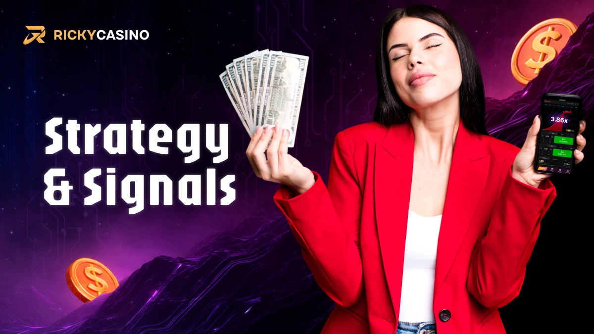 Woman holding fan of cash next to smartphone with Strategy & Signals text on purple Ricky Casino design