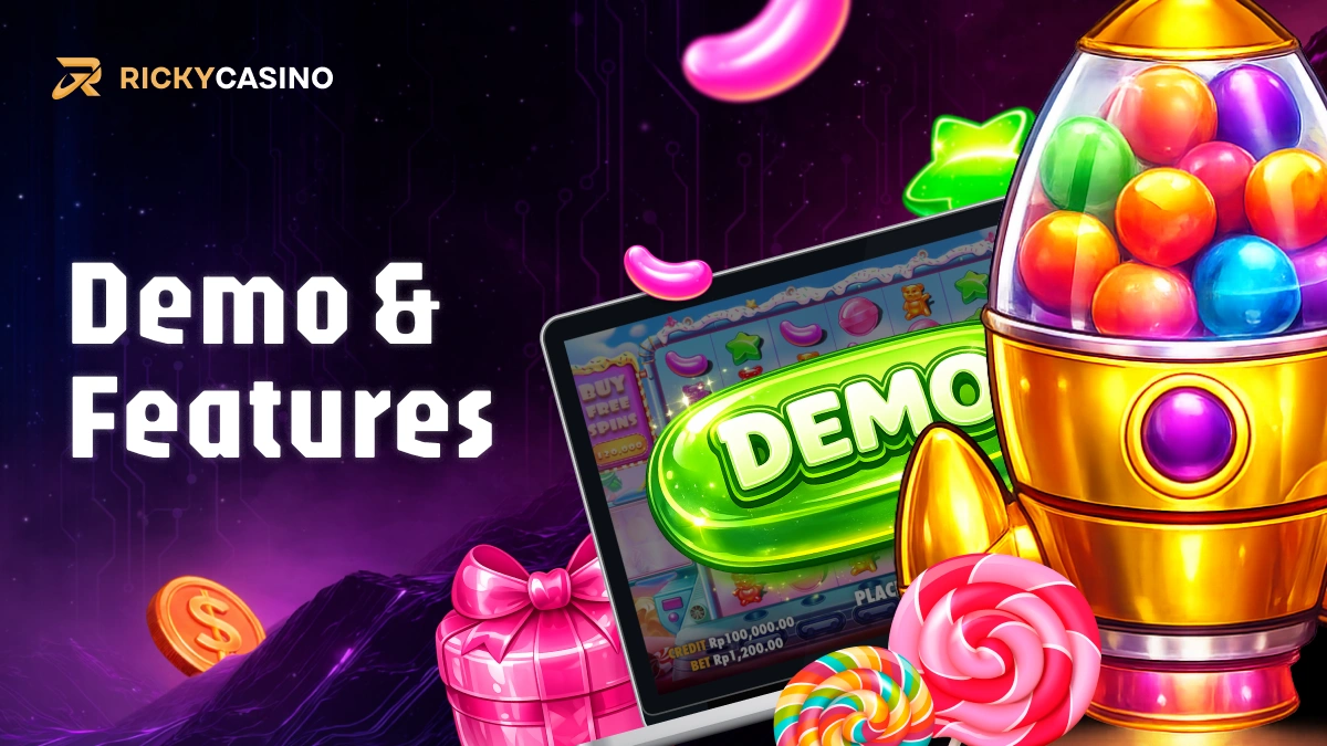Candy themed slot machine with Demo label, sweets and Demo & Features text on purple casino background