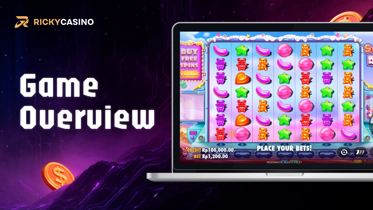 Laptop displaying Sugar Rush slot grid with colorful candy symbols and Game Overview text