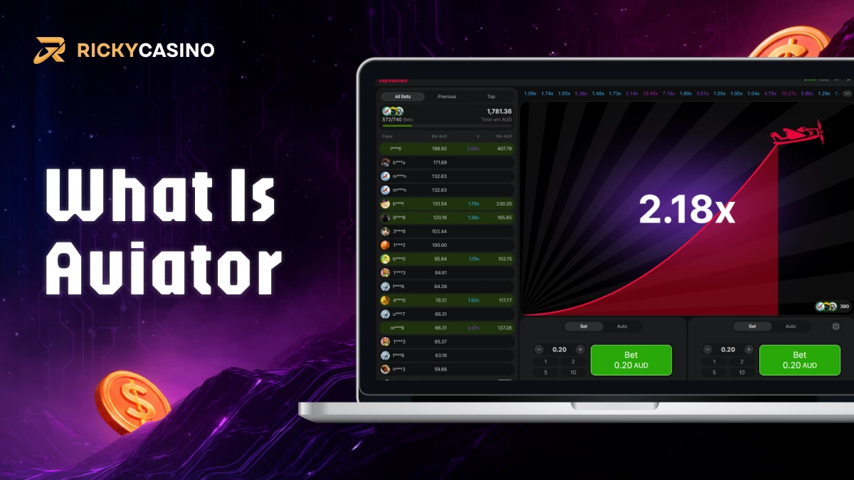 Laptop screen showing Aviator game interface with rising multiplier graph and What Is Aviator text on purple background